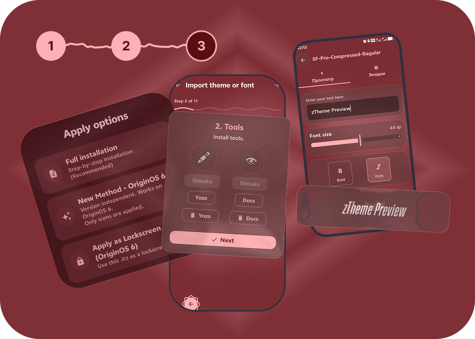 Demonstration of step-by-step theme and font application